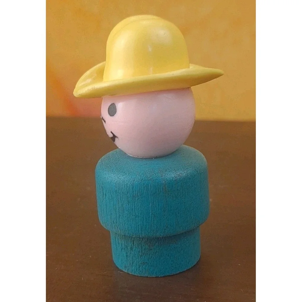 Fisher Price‎ Little People 1972 Farmer Boy  Blue Wood Body Yellow Cowboy Hat